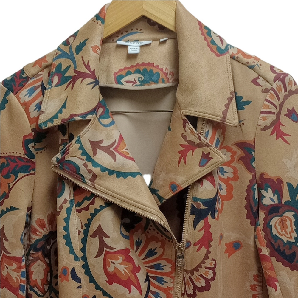 CHICO'S ARTISANAL TAN FAUX SUEDE WOMEN'S JACKET WITH MULTICOLOR PAISLEY DESIGNS - Picture 3 of 12